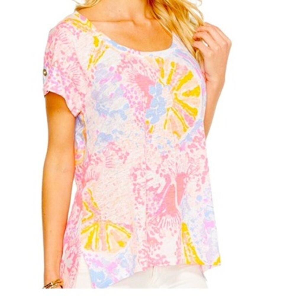 Lilly Pulitzer Starfish Print Inara Linen Tee Small Pink Blue